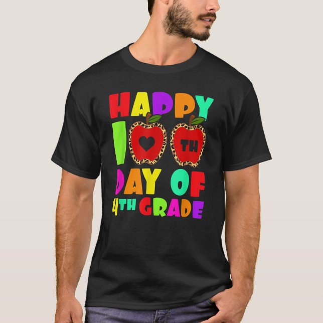 Happy 100th Day Of 4th Grade Leopard Teacher Fourt T-Shirt (Front)