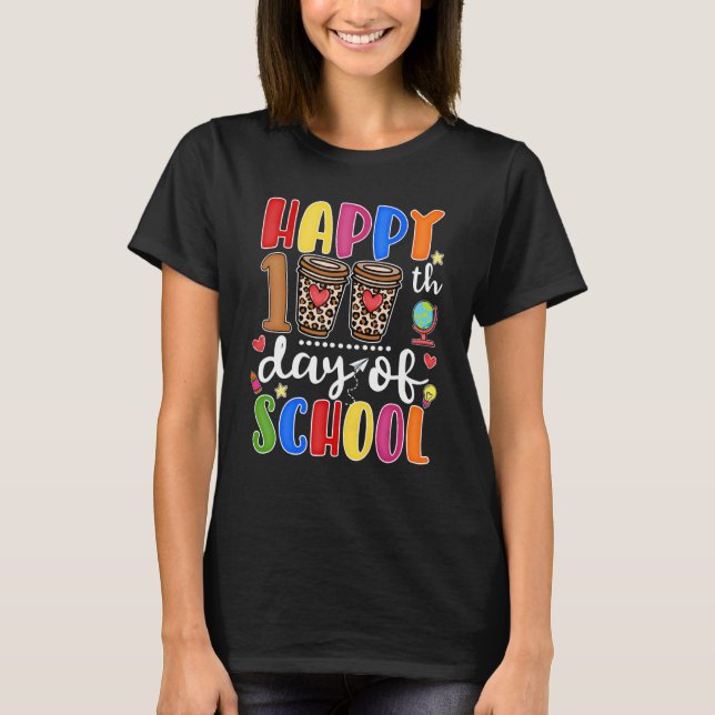 Happy 100th Day Of School Leopard Coffee Teacher L T-Shirt (Front)