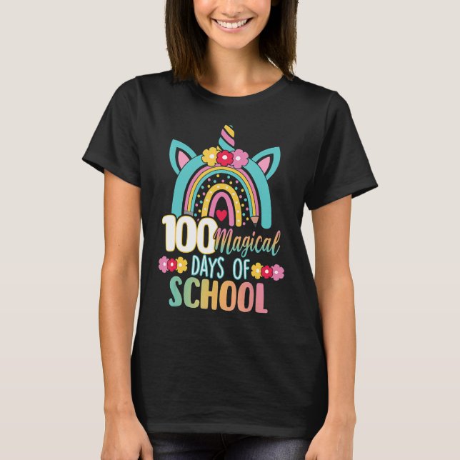 Happy 100th Day Of School Rainbow Unicorn 100 Magi T-Shirt (Front)