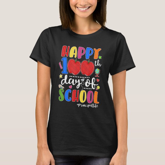 Happy 100th Day Of School Red Plaid Apple Principa T-Shirt (Front)