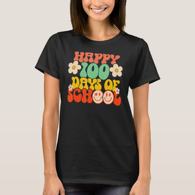 Happy 100th Day Of School Teacher Kids Retro Groov T-Shirt (Front)