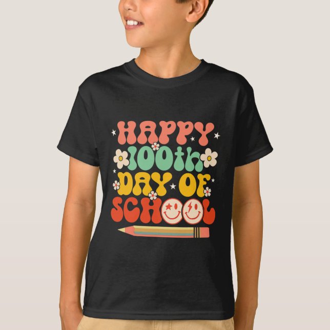 Happy 100th Day Of School Teacher Kids Retro Groov T-Shirt (Front)