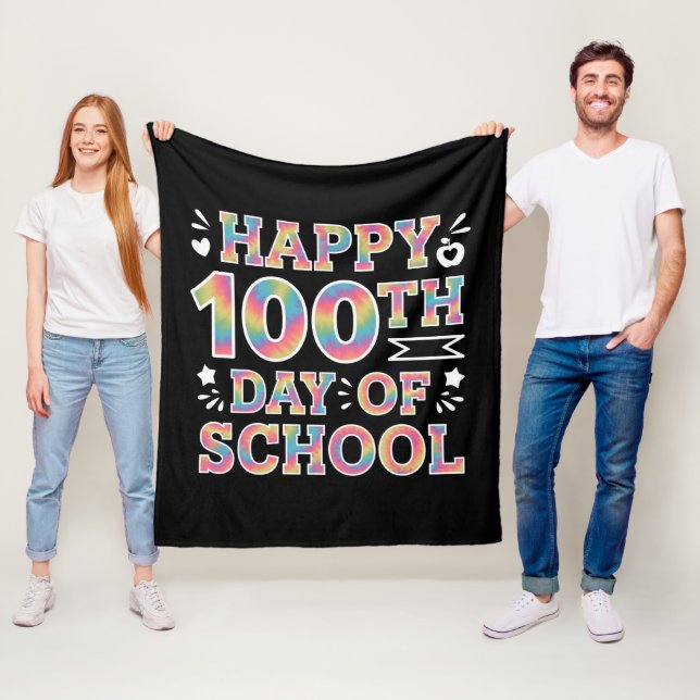Happy 100th Day Of School Tie Dye Rainbow 100 Days Fleece Blanket (In Situ)