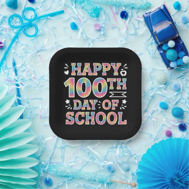Happy 100th Day Of School Tie Dye Rainbow 100 Days Paper Plate (Party)