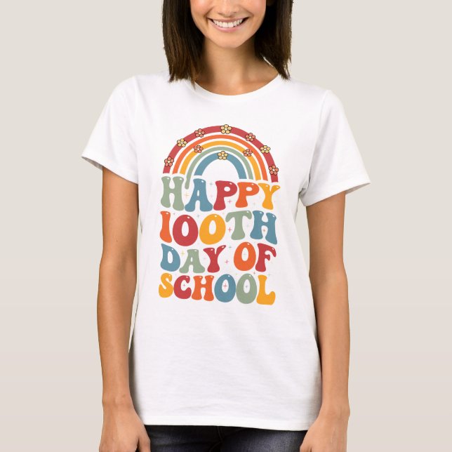 Happy 100th Days Of School Groovy Retro Rainbow T-Shirt (Front)