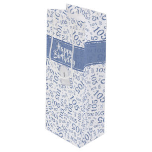 Happy 105th Birthday Blue and White Number Pattern Wine Gift Bag
