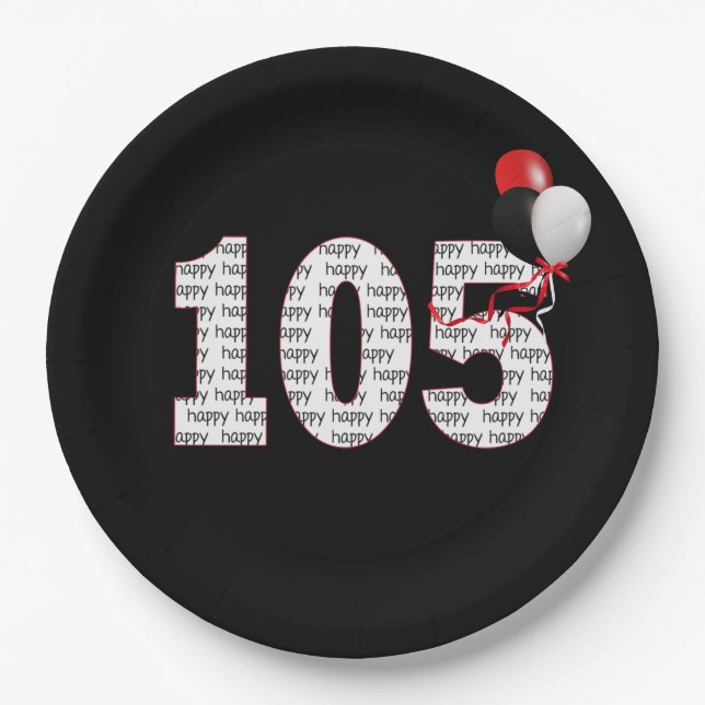 Happy 105th Birthday On Black Paper Plate (Front)