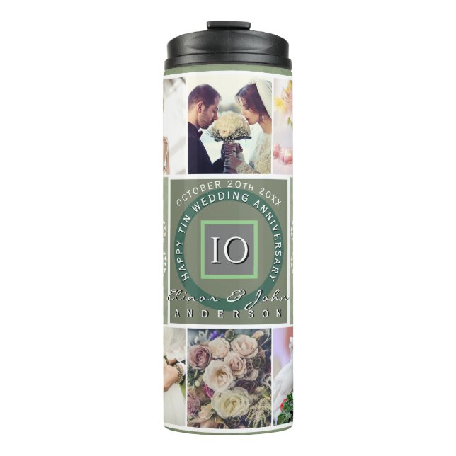 "Happy 10th Anniversary"6 photos Tin colour Thermal Tumbler (Front)