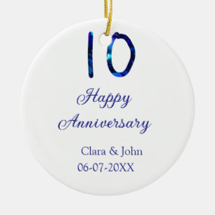 Happy 10th anniversary blue glitter add name date  ceramic ornament