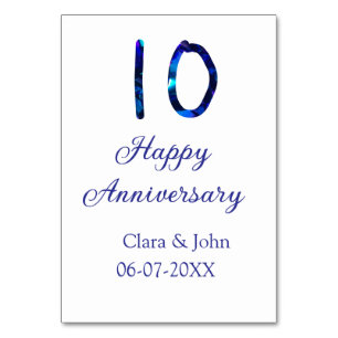 Happy 10th anniversary blue glitter add name date  table number
