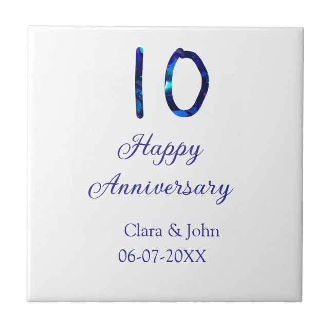 Happy 10th anniversary blue glitter add name date  tile (Front)