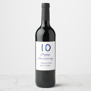 Happy 10th anniversary blue glitter add name date wine label