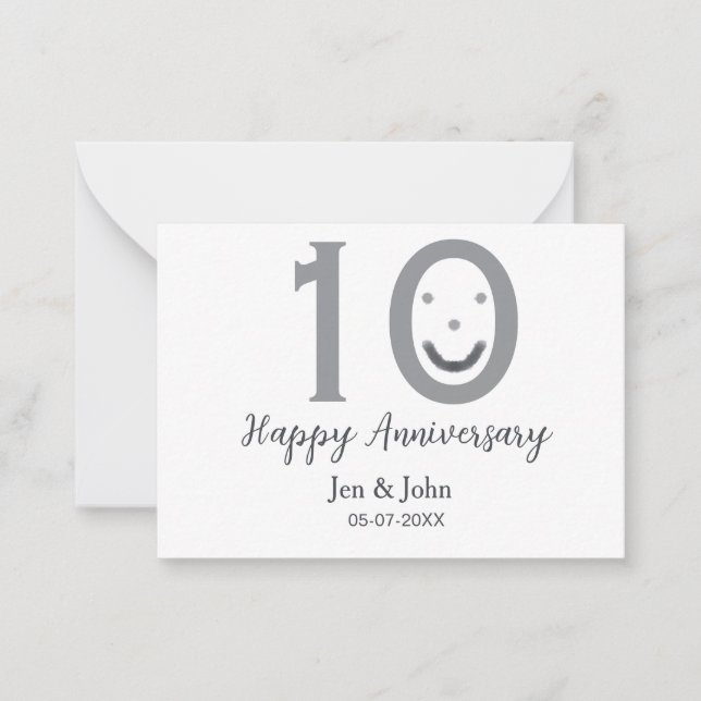 Happy 10th anniversary name date grey bold emoji card (Front)