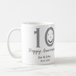 Happy 10th anniversary name date grey bold emoji coffee mug