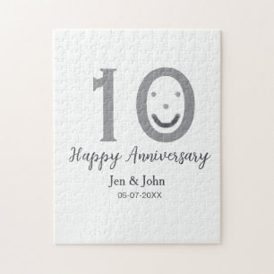 Happy 10th anniversary name date grey bold emoji jigsaw puzzle