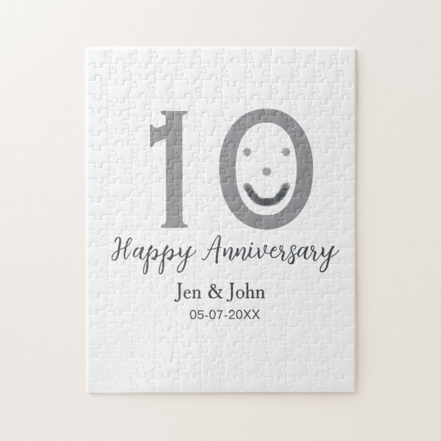 Happy 10th anniversary name date grey bold emoji jigsaw puzzle (Vertical)