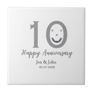 Happy 10th anniversary name date grey bold emoji tile