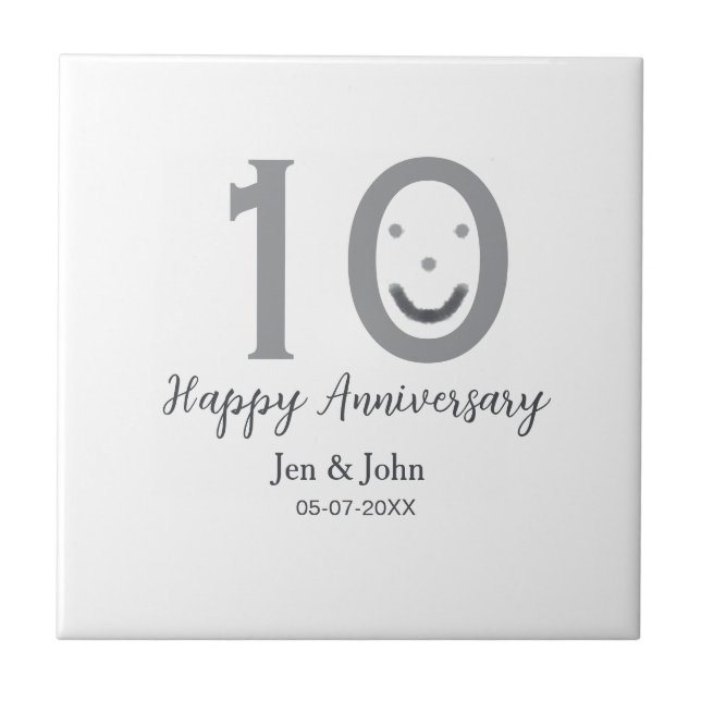 Happy 10th anniversary name date grey bold emoji tile (Front)