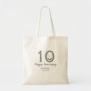 Happy 10th anniversary name date grey bold emoji tote bag
