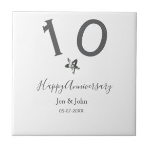 Happy 10th anniversary name date grey metal star b tile