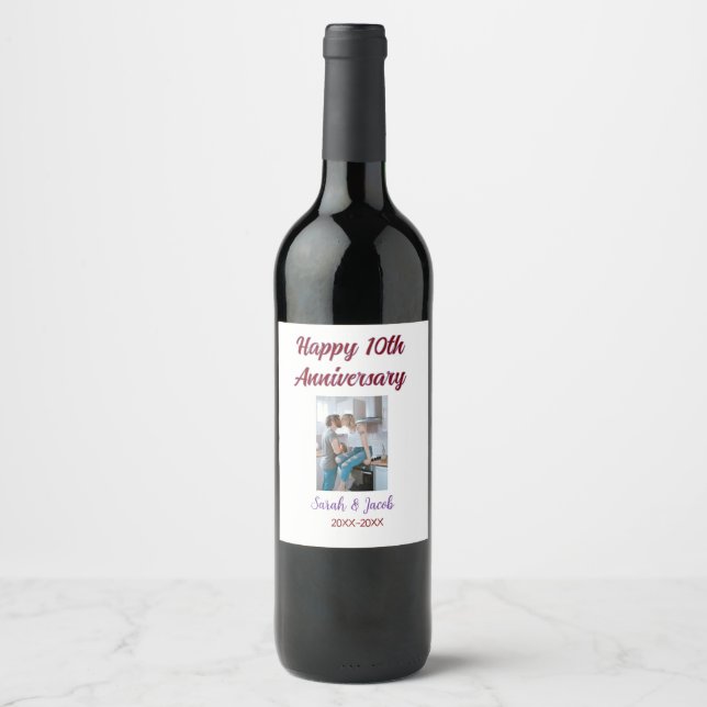 Happy 10th anniversary photo wedding couple name d wine label (Front)