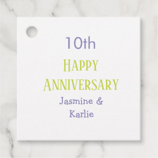 happy 10th anniversary purple pastel green bold favour tags