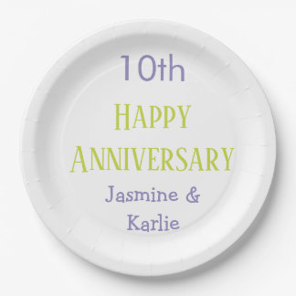happy 10th anniversary purple pastel green bold paper plate