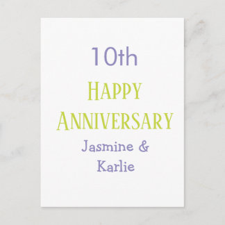 happy 10th anniversary purple pastel green bold postcard