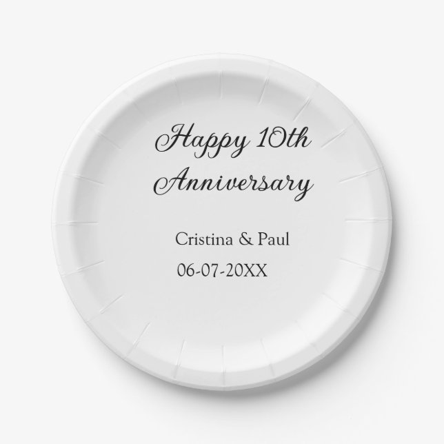 Happy 10th anniversary simple minimal wedding name paper plate (Front)