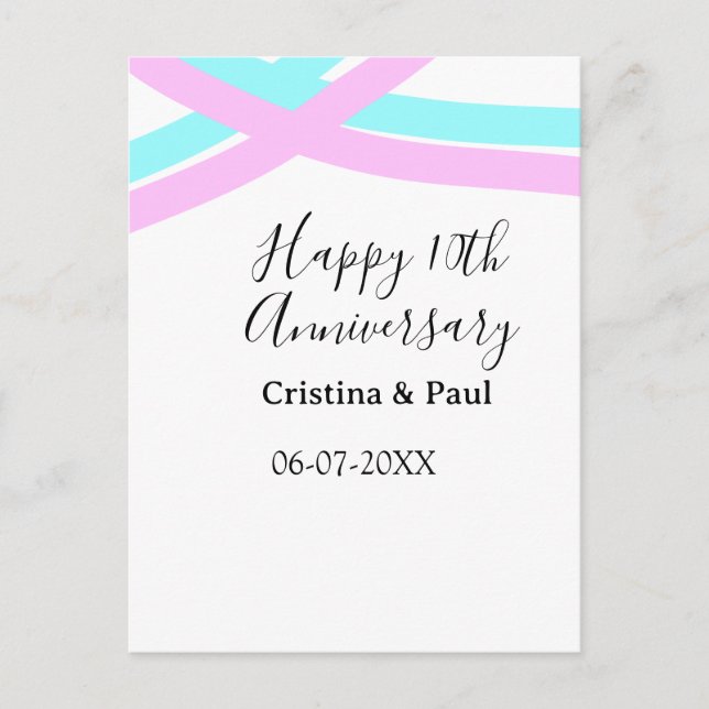 Happy 10th anniversary simple minimal wedding name postcard (Front)