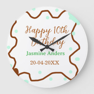 Happy 10th birthday green pastel brown border span large clock