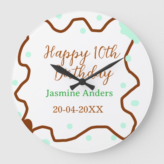 Happy 10th birthday green pastel brown border span large clock (Front)