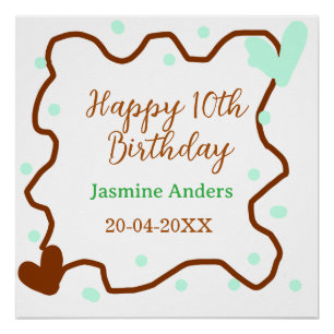 Happy 10th birthday green pastel brown border span poster