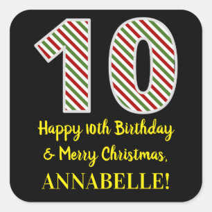 Happy 10th Birthday & Merry Christmas, Custom Name Square Sticker