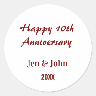 Happy 10th wedding anniversary mauve simple name classic round sticker