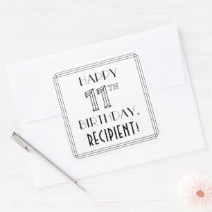 HAPPY 11TH BIRTHDAY, Art Deco Style, Custom Name Square Sticker