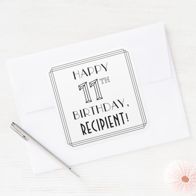 HAPPY 11TH BIRTHDAY, Art Deco Style, Custom Name Square Sticker (Envelope)