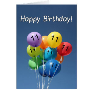 Happy 11th Birthday Coloured Balloons in a blue Sk