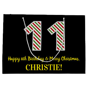 Happy 11th Birthday & Merry Christmas, Custom Name Large Gift Bag