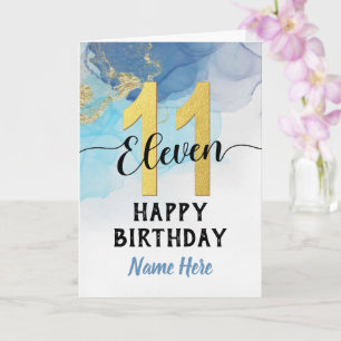 Happy 11th Birthday Watercolor Blue & gold Boy Card