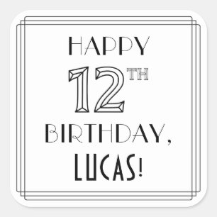 HAPPY 12TH BIRTHDAY, Art Deco Style, Custom Name Square Sticker