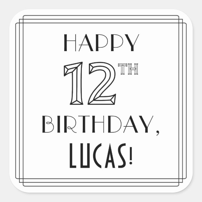 HAPPY 12TH BIRTHDAY, Art Deco Style, Custom Name Square Sticker (Front)