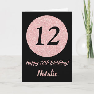 Happy 12th Birthday Black and Rose Pink Gold Card