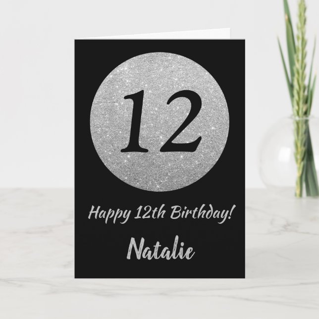 Happy 12th Birthday Black and Silver Glitter Card (Front)