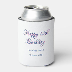 happy 12th birthday blue pink name date simple min can cooler