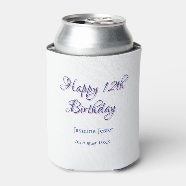 happy 12th birthday blue pink name date simple min can cooler (Can Front)