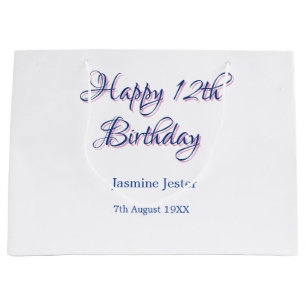 happy 12th birthday blue pink name date simple min large gift bag
