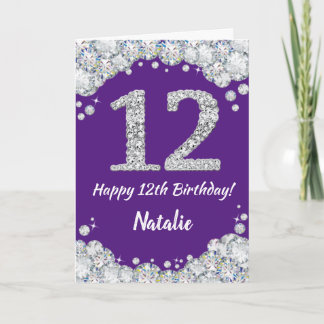 Happy 12th Birthday Purple and Silver Glitter Card