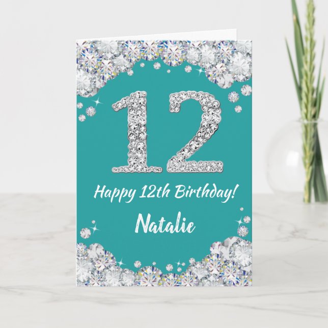 Happy 12th Birthday Teal and Silver Glitter Card (Front)