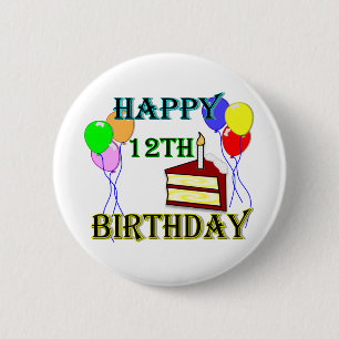 Happy 12th Birthday with Cake, Balloons and Candle 2 Inch Round Button